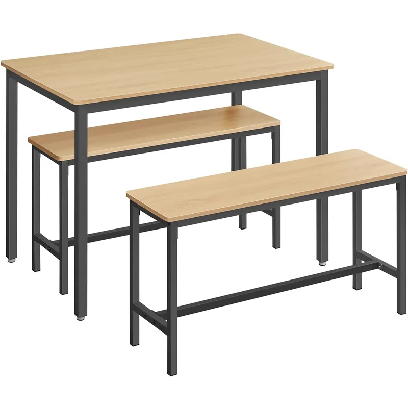 Reduceri VASAGLE Masa de bar cu 2 banci, design industrial, 110x70x75 cm, stejar natur