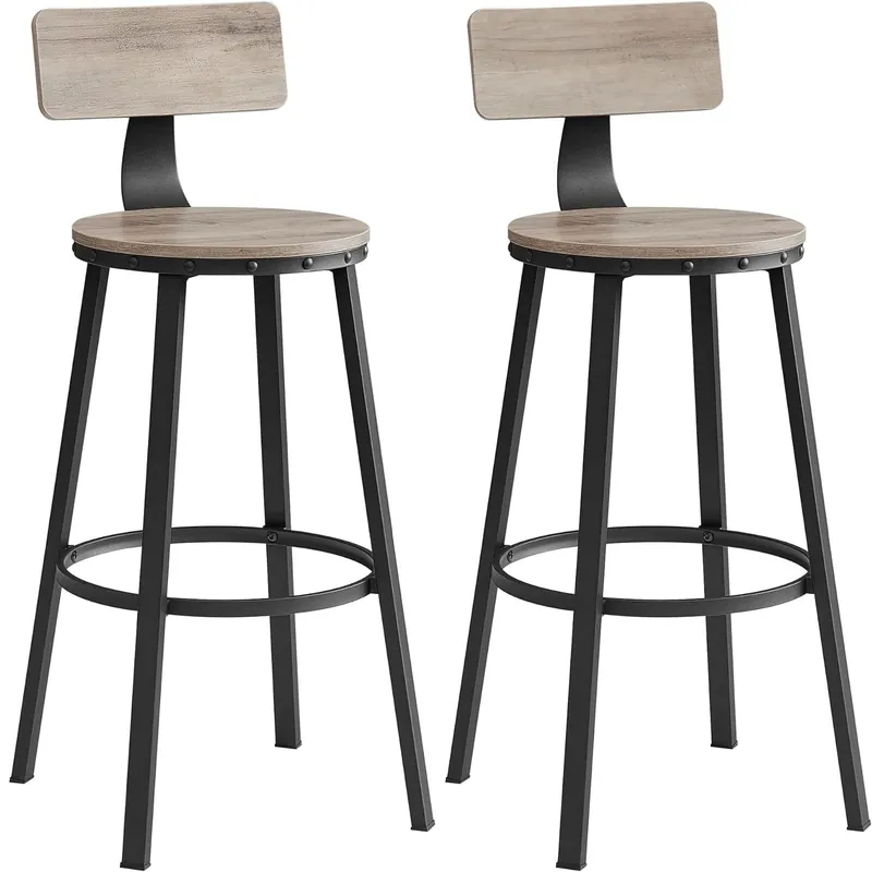VASAGLE Set de 2 scaune de bar inalte cu spatar, cadru din otel, industrial, 54x99cm, gri stejar Cel mai vândut