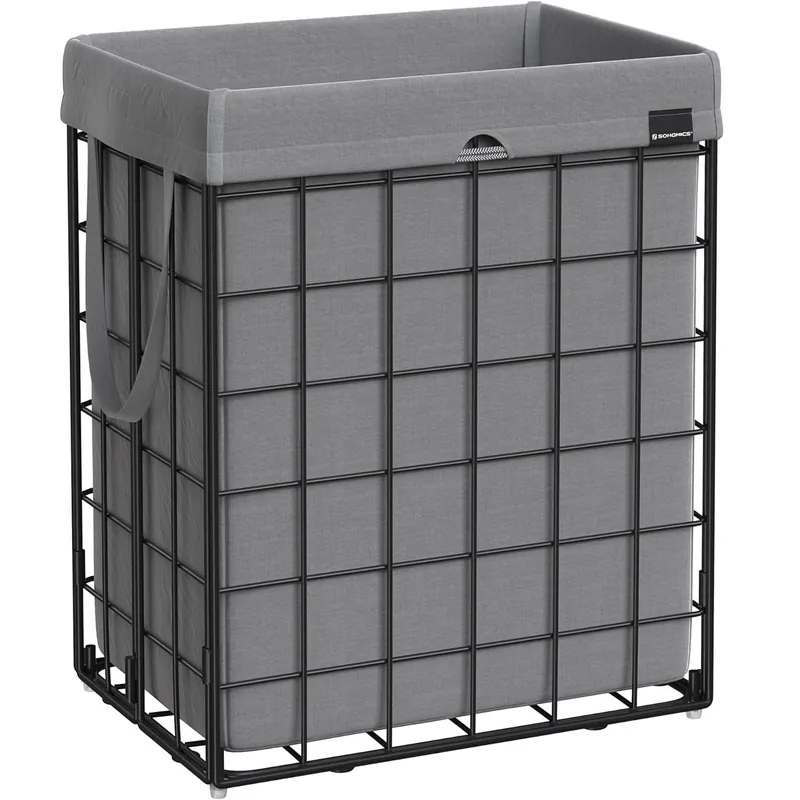 Super ofertă SONGMICS Cos de rufe pliabil cu cadru metalic, sac detasabil si lavabil, 90L, 48x33x58cm, negru si gri