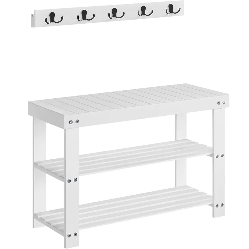 Preț mic SONGMICS Set multifunctional pentru hol cu banca pentru pantofi si cuier, din bambus, 29x70x45 cm, alb