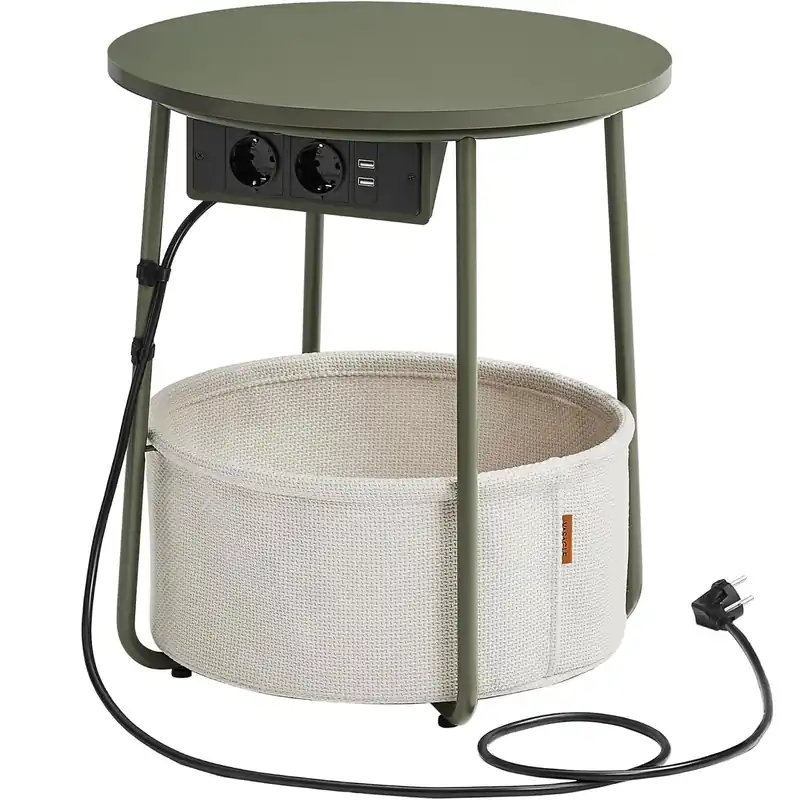 VASAGLE Masuta de cafea rotunda cu cos de stofa, statie de incarcare 2 prize si 2 USB, 45x50cm, verde crem Preț promoțional
