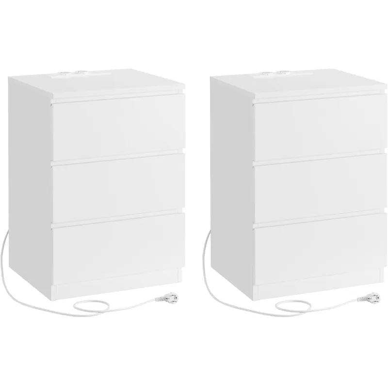VASAGLE Set de 2 noptiere, cu sertare, 2 prize si 2 USB, 35x40x59 cm, alb Preț redus
