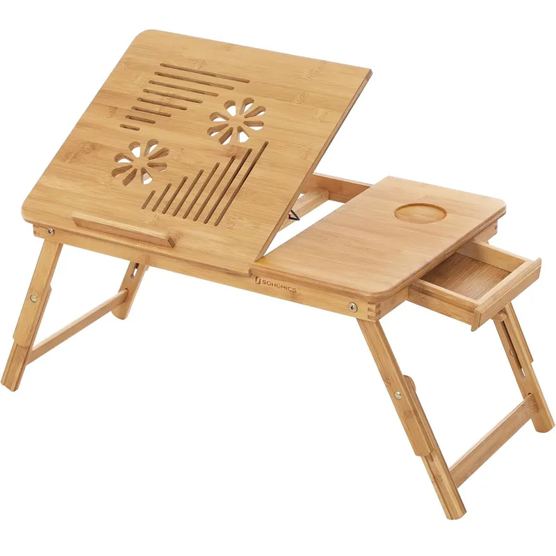 Reducere SONGMICS Masa de pat pentru laptop, plabila si reglabila, bambus, 55x35x29 cm, maro