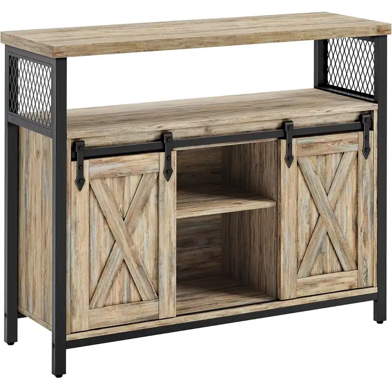 VASAGLE Comoda pentru living sau bucatarie, cu 2 usi glisante, rafturi reglabile, stil rustic, 33x100x80 cm, maro natur Premium