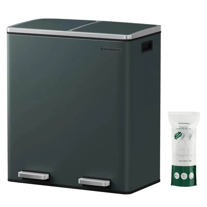 Ofertă specială SONGMICS Cos de gunoi din inox cu 2 compartimente colectare selectiva, cu galeti interioare, 2x30litri, gri inchis