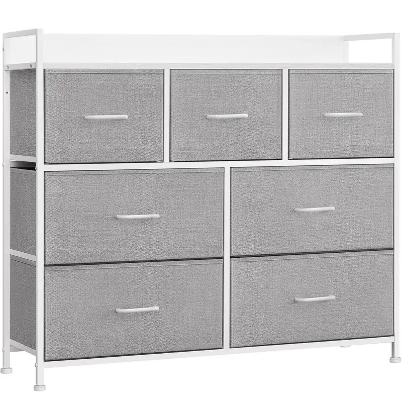 SONGMICS Comoda cu cadru metalic si 7 sertare din stofa, 29x98x85 cm , gri si alb Super ofertă