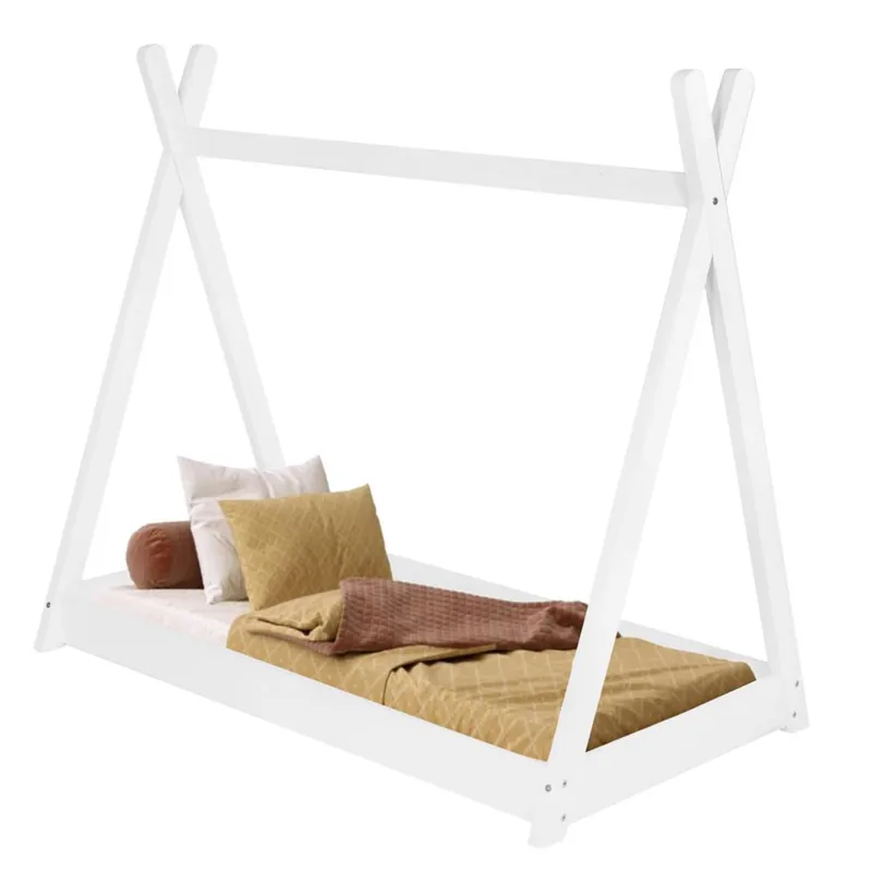 Plată sigură Pat din lemn pentru copii, model TeePee, somiera inclusa, 61x146x130 cm, alb