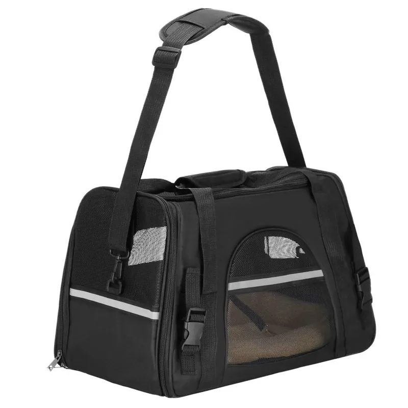 Geanta pentru transport animale mici-medii, pentru caine si pisica, cu saltea, 27x44x25 cm, negru Noutate