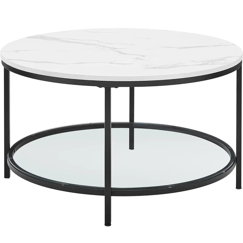 RESIGILAT VASAGLE Masa de cafea rotunda cu blat din imitatie de marmura, polita suplimentara din sticla, 80x45cm, alb si negru Ofertă specială