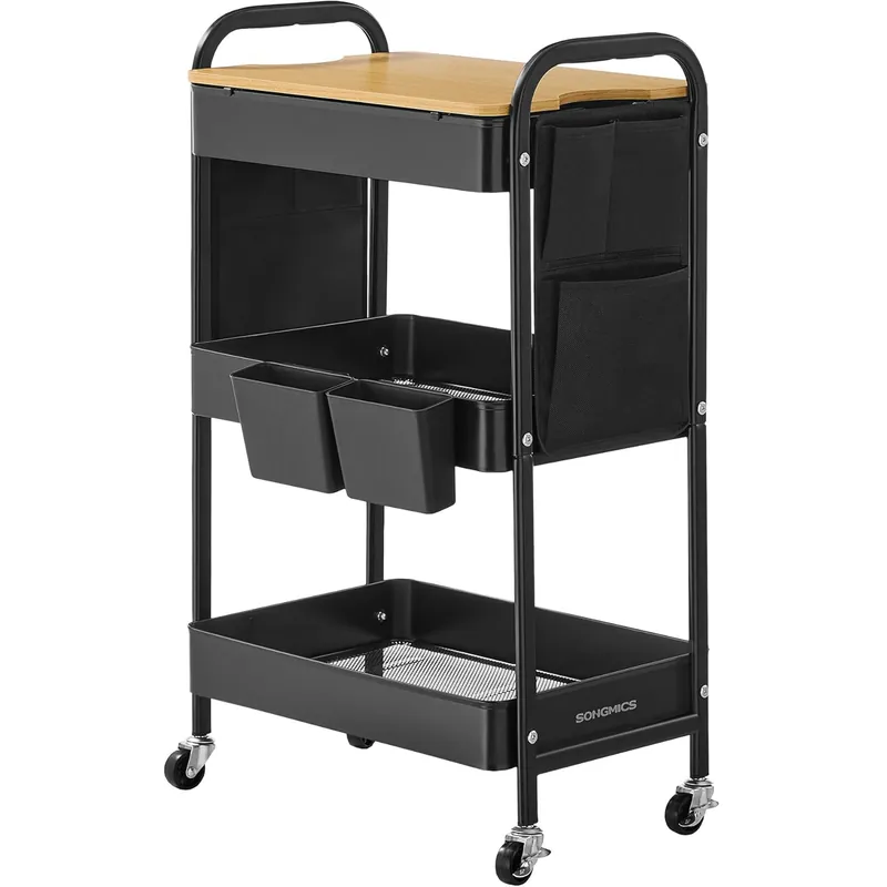 SONGMICS Raft de depozitare mobil tip carucior rulant, pentru baie sau bucatarie, cadru otel cu blat MDF, 31x44x74 cm, negru Livrare expres