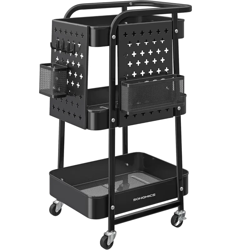SONGMICS Raft de depozitare mobil tip carucior rulant, pentru baie sau bucatarie, cadru otel, 32x43x74 cm, negru Lichidare de stoc