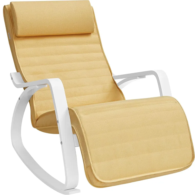 SONGMICS Scaun balansoar din lemn, suport picioare reglabil, maxim 150kg, 55x122x84cm, galben-pastel Disponibil imediat