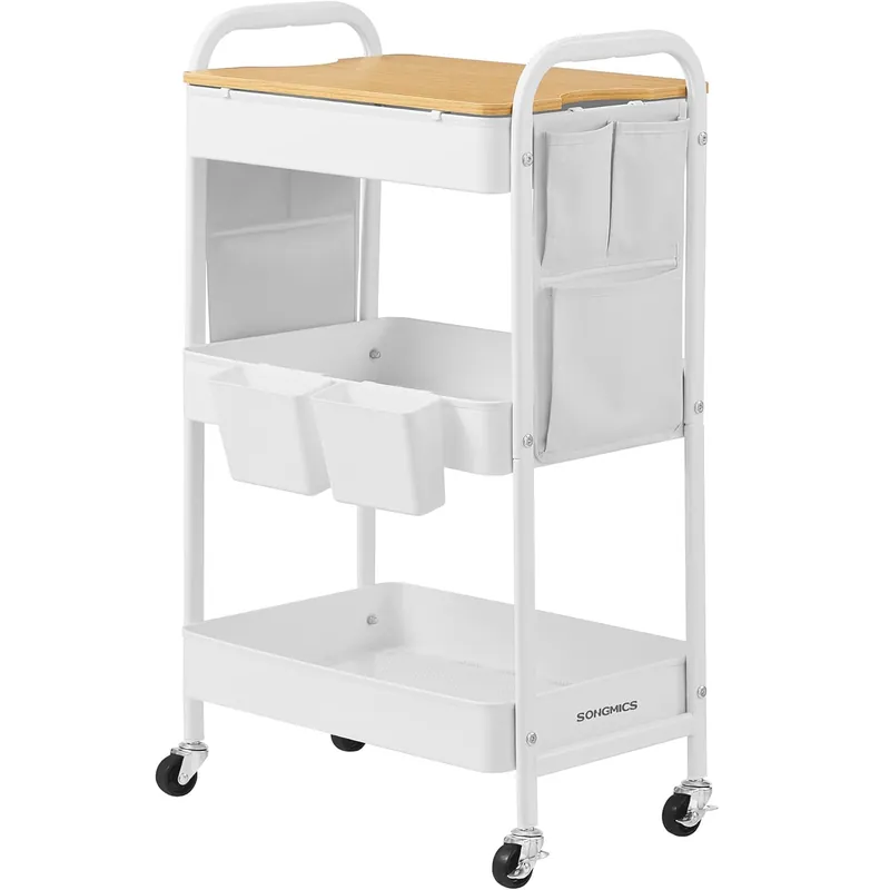 Nu rata SONGMICS Raft de depozitare mobil tip carucior rulant, pentru baie sau bucatarie, cadru otel cu blat MDF, 31x44x74 cm, alb
