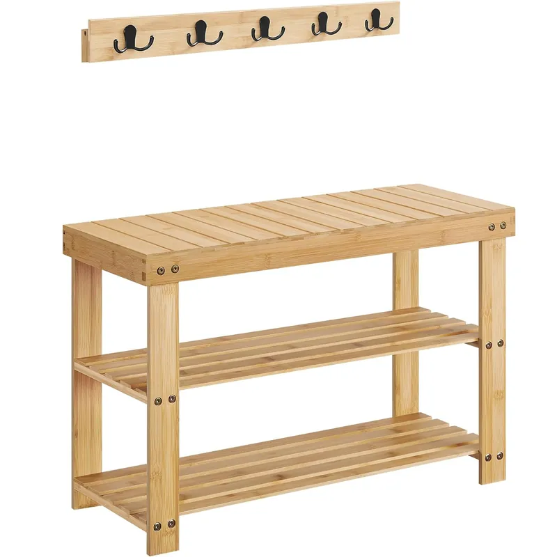 Lichidare de stoc SONGMICS Set multifunctional pentru hol cu banca pentru pantofi si cuier, din bambus, 29x70x45 cm, maro natur