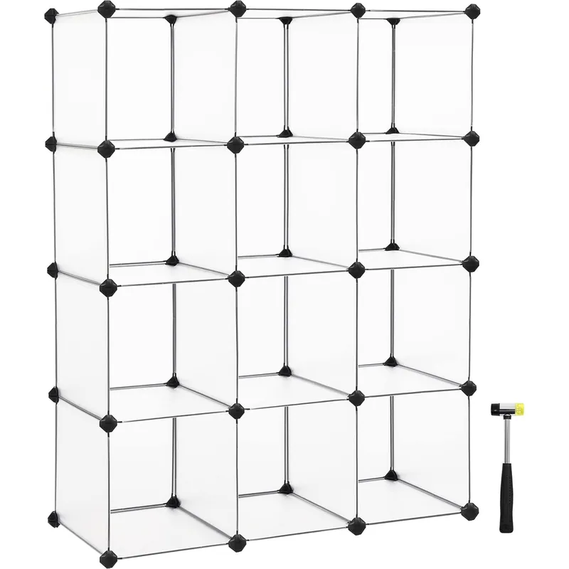 SONGMICS Biblioteca modulara cu 12 compartimente, rafturi cubice din plastic, montaj rapid, 93x31x123 cm, alb transparent Reducere