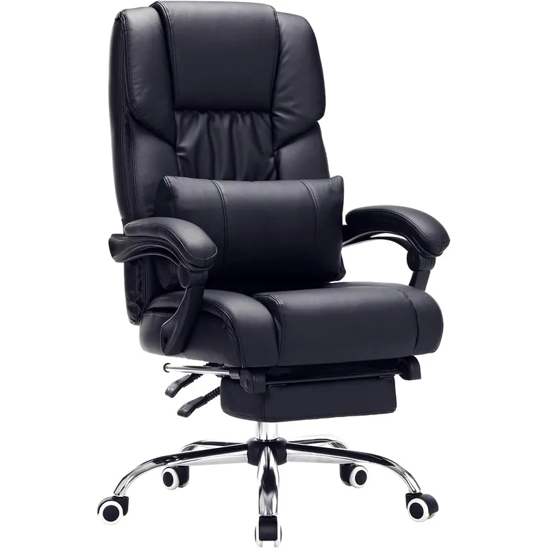 SONGMICS Scaun birou ergonomic, cu suport picioare retractabil, spatar reglabil 135°, maxim 150 kg, 70x70x125 cm, negru Discount