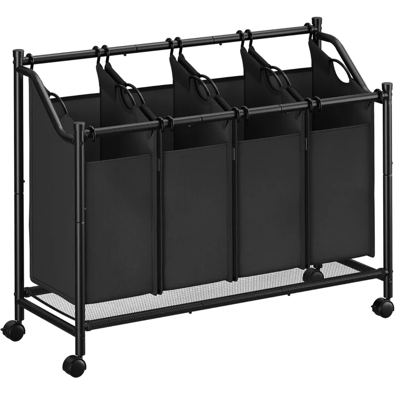 Preț promoțional SONGMICS Cos de rufe mobil cu 4 saci detasabili cu manere, 180 litri, cadru metalic, 105x39x81 cm, negru