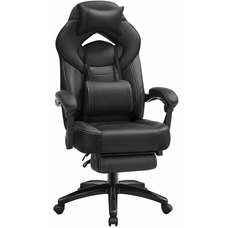 Ofertă SONGMICS Scaun gaming ergonomic cu suport pentru picioare, tetiera reglabila si suport lombar, maxim 150 kg, 70x64x128 cm, negru