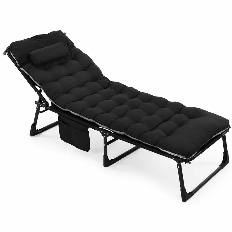 Sezlong pliabil gradina cu saltea confortabila si perna, reglabil 3 pozitii, buzunar lateral, maxim 120 kg, 175x57x71 cm, gri si negru Retur ușor