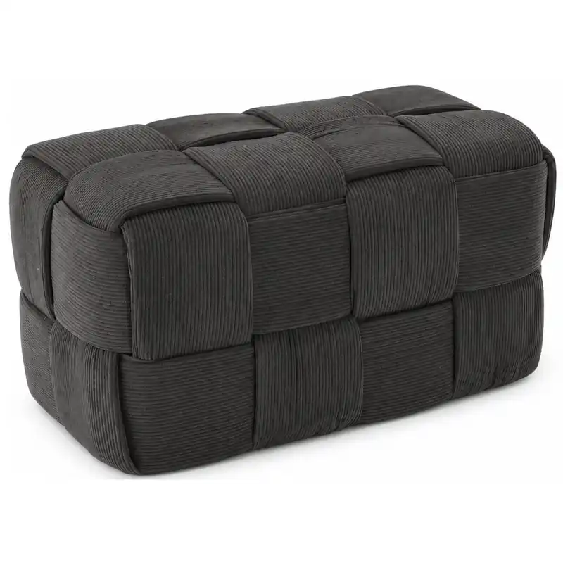 Taburet dreptunghiular tapitat cu material reiat, design impletit, 52x28x28 cm, gri inchis Reduceri