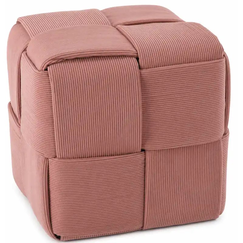 Ofertă exclusivă Taburet cub, tapitat cu material reiat, design impletit, 39x39x39 cm, roz
