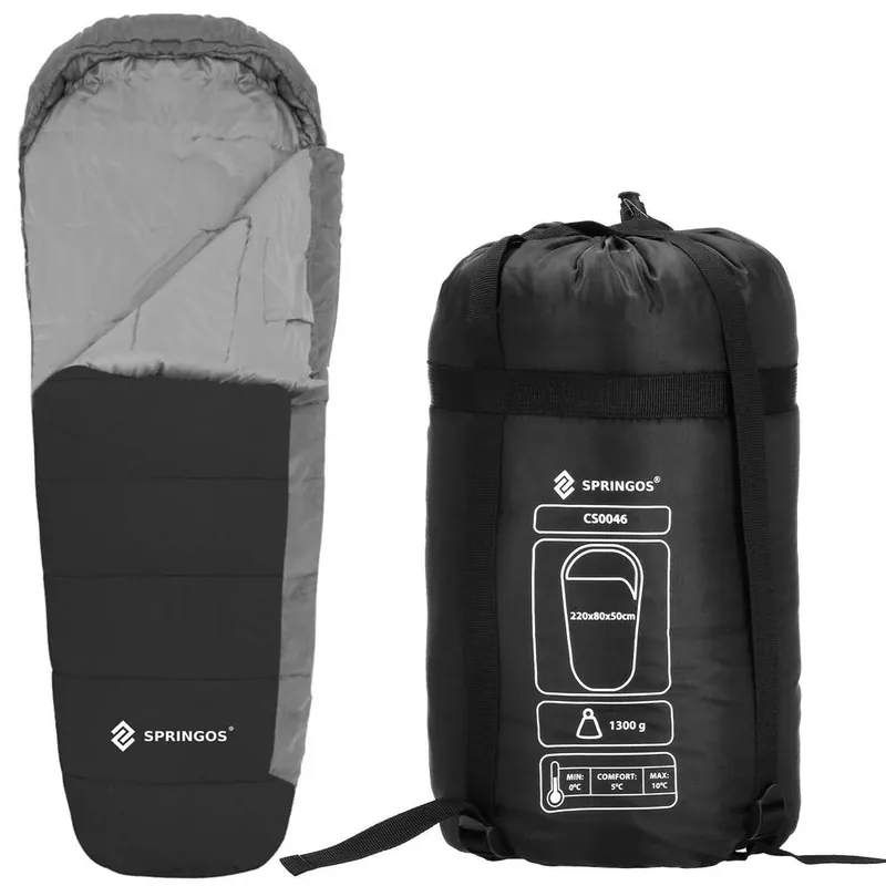Sac de dormit tip mumie, cu geanta de transport, 210x80cm, 0-10grade, culoare negru gri Cel mai bun preț