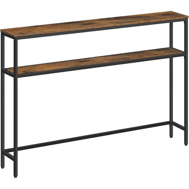 Livrare expres VASAGLE Masa tip consola ingusta cu 2 rafturi, cadru metalic, stil industrial, 120x20x80 cm, maro rustic