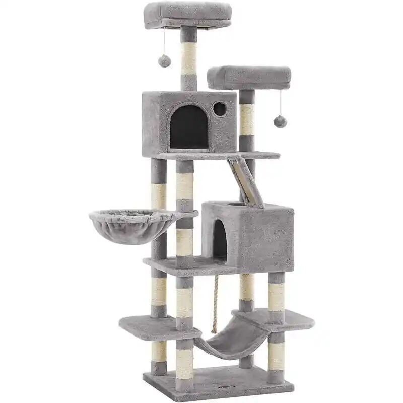Reduceri FEANDREA Ansamblu de joaca pentru pisici, tip copac, cu 3 culcusuri, hamac si 2 ascunzatoare, 55x45x168cm, gri deschis