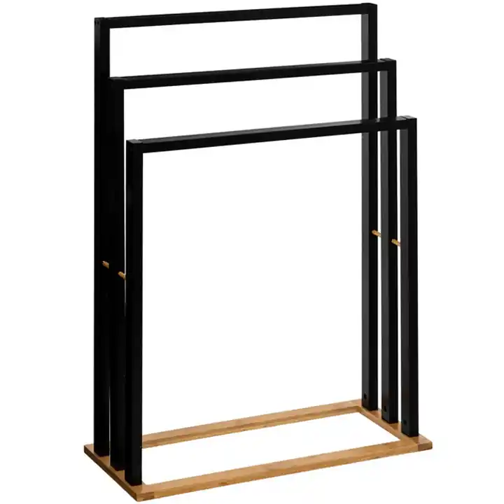 Cumpără online Suport prosoape 5Five Natureo cu 3 brate, 55x24x82 cm, MDF si bambus, negru