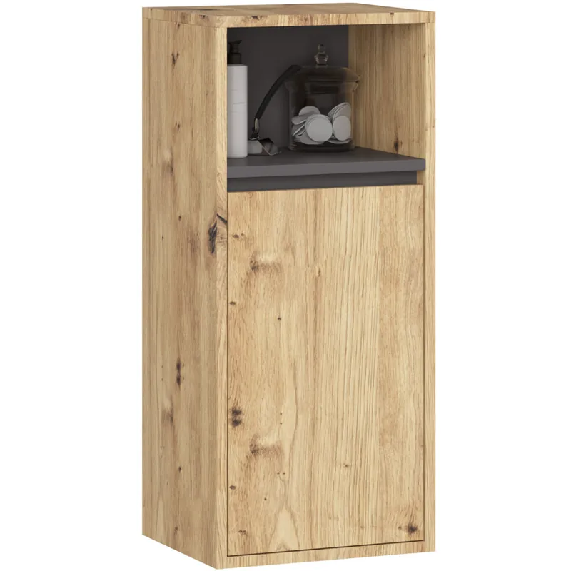 Cumpără acum Etajera de baie suspendata, cu usa si 2 polite, PAL 16 mm, 35x30x80 cm, stejar artisan si gri