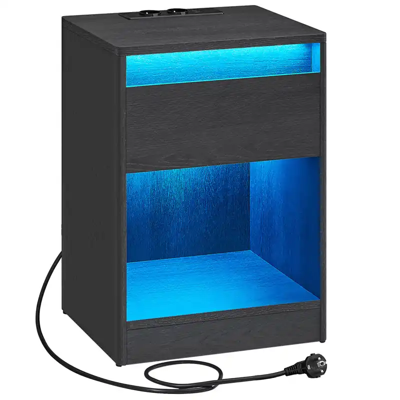 VASAGLE Noptiera cu iluminare LED reglabila, prize si porturi USB, sertar si raft, MDF si PAL, 40x35x55 cm, negru Cumpărături sigure
