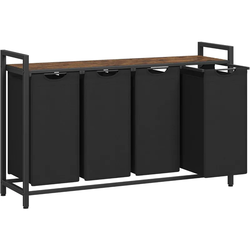 Preț mic VASAGLE Cos rufe 4x40L, saci detasabili, raft superior si cadru metalic, 116x33x72 cm, maro si negru