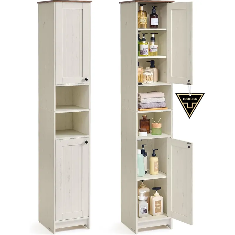 SONGMICS Dulap de baie ingust, cu rafturi reglabile si 2 compartimente deschise, PAL si MDF, 30x30x170 cm, alb rustic Preț promoțional