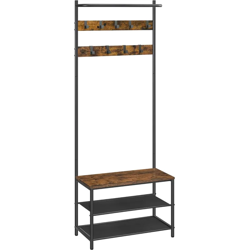 Nu rata VASAGLE Cuier cu rafturi depozitare pantofi si bara suspendata, industrial, 32x64x180 cm, maro rustic si negru