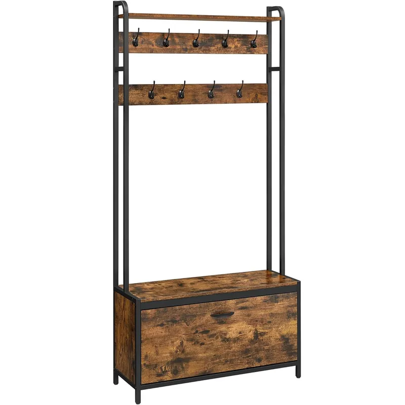 Promoție VASAGLE Cuier cu dulap de depozitare pantofi, cadru din otel, stil industrial, 32x85x180cm, maro rustic
