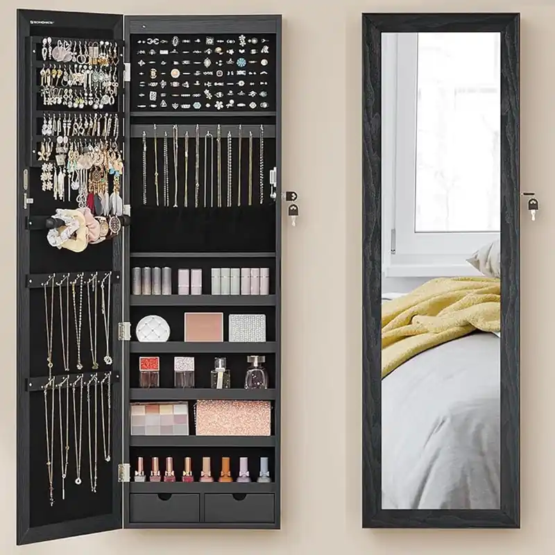 Cel mai bun preț SONGMICS Dulap pentru bijuterii cu oglinda, montare pe perete sau usa, material MDF, inchidere cu cheie, 120x37x10 cm, negru