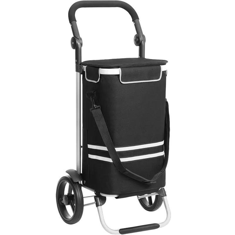 Retur gratuit SONGMICS Carucior de cumparaturi piata, pliabil, compartiment frigorific, multifunctional, 44x35x100 cm, negru