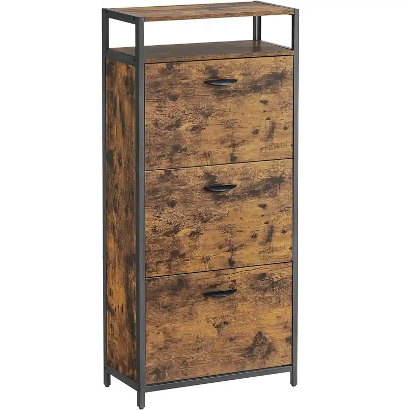 Calitate înaltă VASAGLE Dulap pentru pantofi cu 3 usi rabatabile, despartitoare interioare, pentru 15-18 perechi, 60x30x130cm, maro rusic si negru