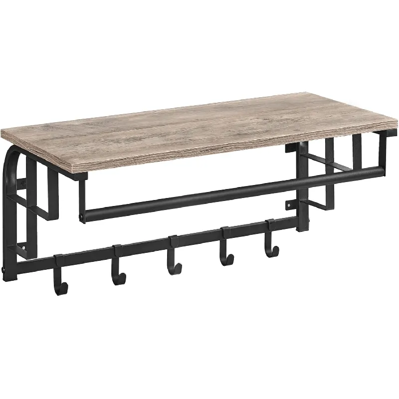 VASAGLE Cuier perete cu polita, bara si 5 carlige, 66x27x30 cm, gri Preț redus