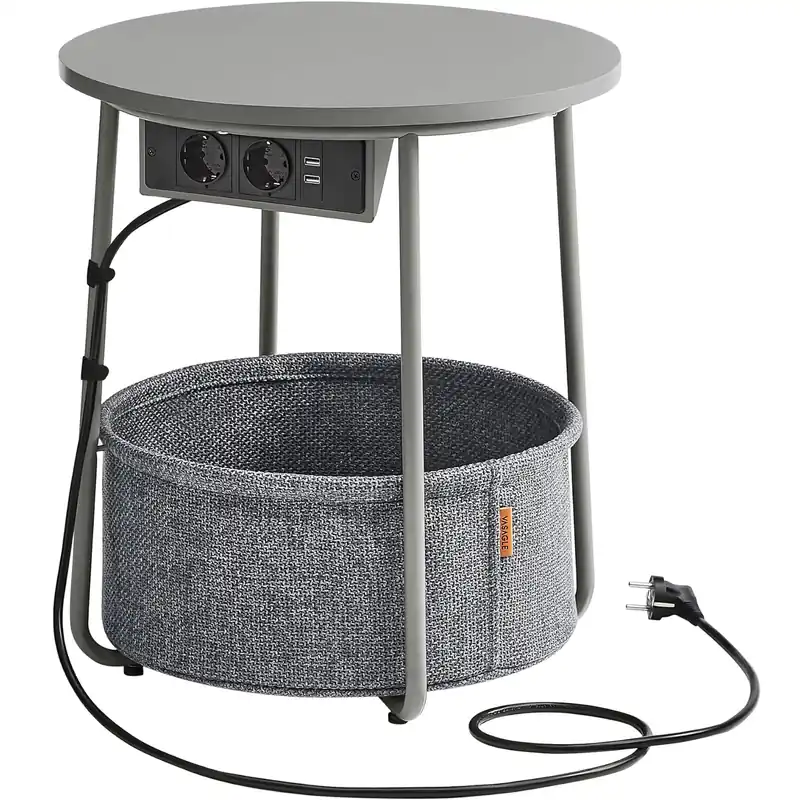 Plată securizată VASAGLE Masuta de cafea rotunda cu cos de stofa, statie de incarcare 2 prize si 2 USB, 45x50cm, gri argintiu