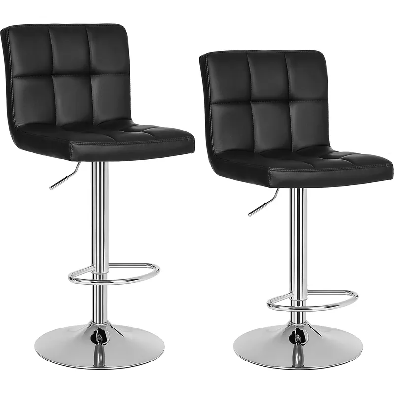 Discount SONGMICS Set 2 scaune bar reglabile pe inaltime, cu spatar, sezut PU si suport picioare, rotatie 360°, 38x45x115 cm, negru