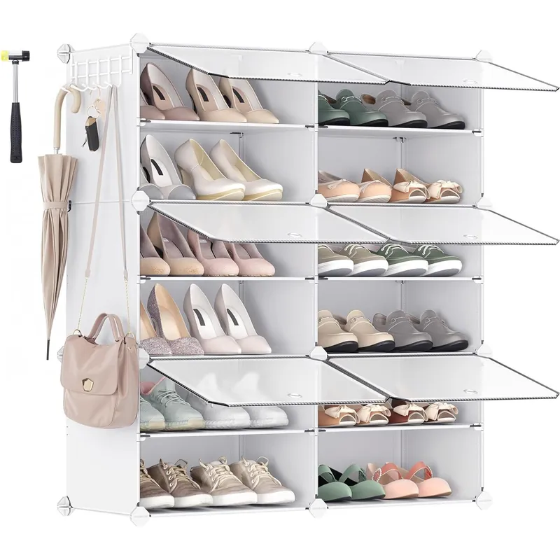 Mai ieftin SONGMICS Dulap pantofi modular 6 compartimente, cu usi si cadru metalic, organizator incaltaminte, 32x124x94 cm, alb