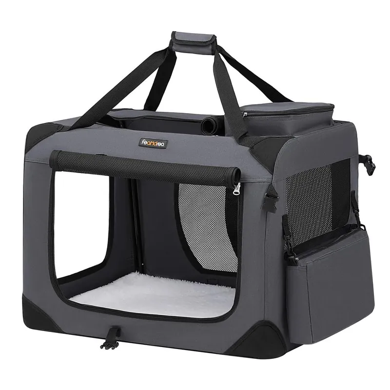 FEANDREA Geanta transport animale de companie, pliabila, cu cadru metalic, saltea inclusa, marime L, 70x52x52 cm, gri Reducere extra