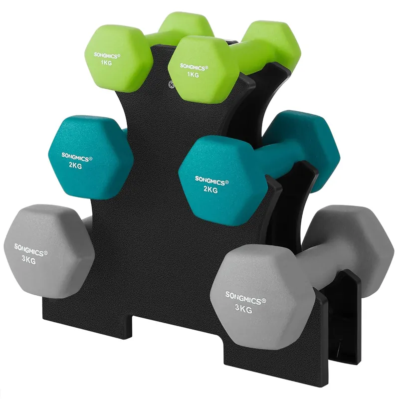 SONGMICS Set de 6 gantere hexagonale cu suport, 2x1kg 2x2kg 2×3 kg, multicolor Reducere specială