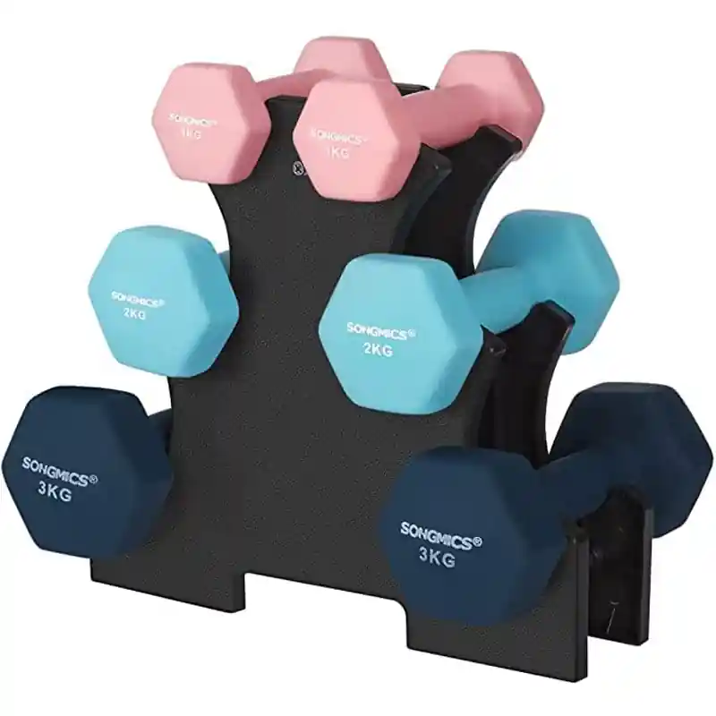 SONGMICS Set de 6 gantere hexagonale cu suport, 2×1 kg 2×2 kg 2×3 kg, multicolor Lichidare de stoc