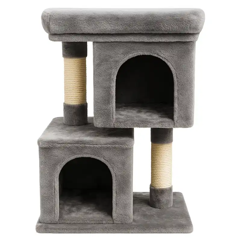 RESIGILAT Ansamblu de zgariat pentru pisici tip turn cu 2 niveluri, tunel, casuta si pat, MDF si plus, 67 cm, gri Super ofertă
