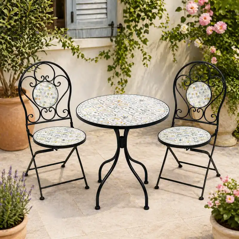 Bestseller RESIGILAT Set mobilier gradina Louloudia 3 piese, masa si 2 scaune pliabile, mozaic decorativ, metal, multicolor