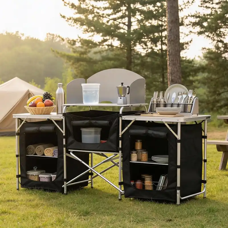 RESIGILAT Bucatarie de camping pliabila cu 3 blaturi, cadru aluminiu, portabila pentru exterior, 175x40x111 cm Preț promoțional
