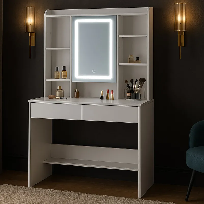 RESIGILAT Masa de toaleta cu oglinda, iluminare LED reglabila, 2 sertare, MDF, 90x40x145 cm, alb Cumpărături sigure
