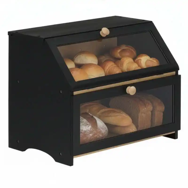 Ieftin RESIGILAT Cutie pentru paine cu 2 niveluri din bambus, cu ferestre transparente si inchidere magnetica, 39x25x32 cm, negru